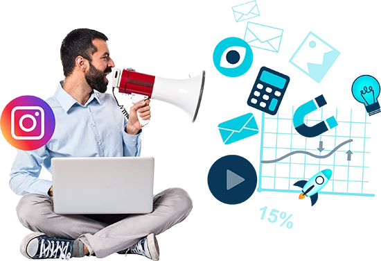 Australian Instagram marketer holding a laptop and yelling into a megaphone at icons of a magnet, graph, calculator, lighbulb, rocket, and more.